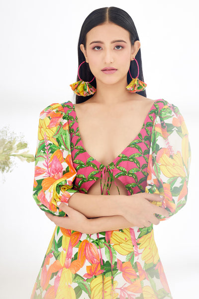 Nikasha Bespoke Hand Painted Banana Fruit Print Cutout Dress Indian designer wear online shopping melange singapore