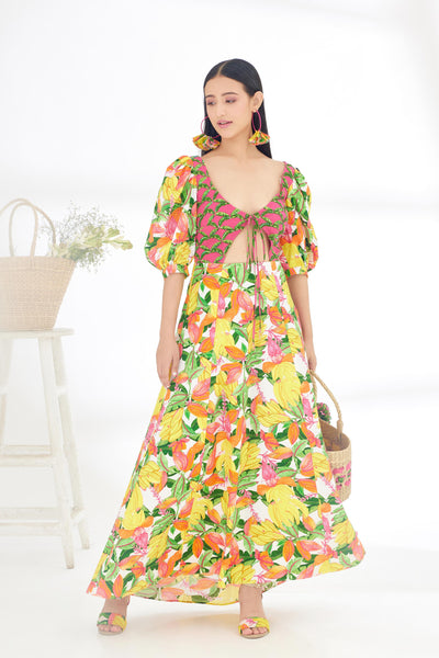 Nikasha Bespoke Hand Painted Banana Fruit Print Cutout Dress Indian designer wear online shopping melange singapore