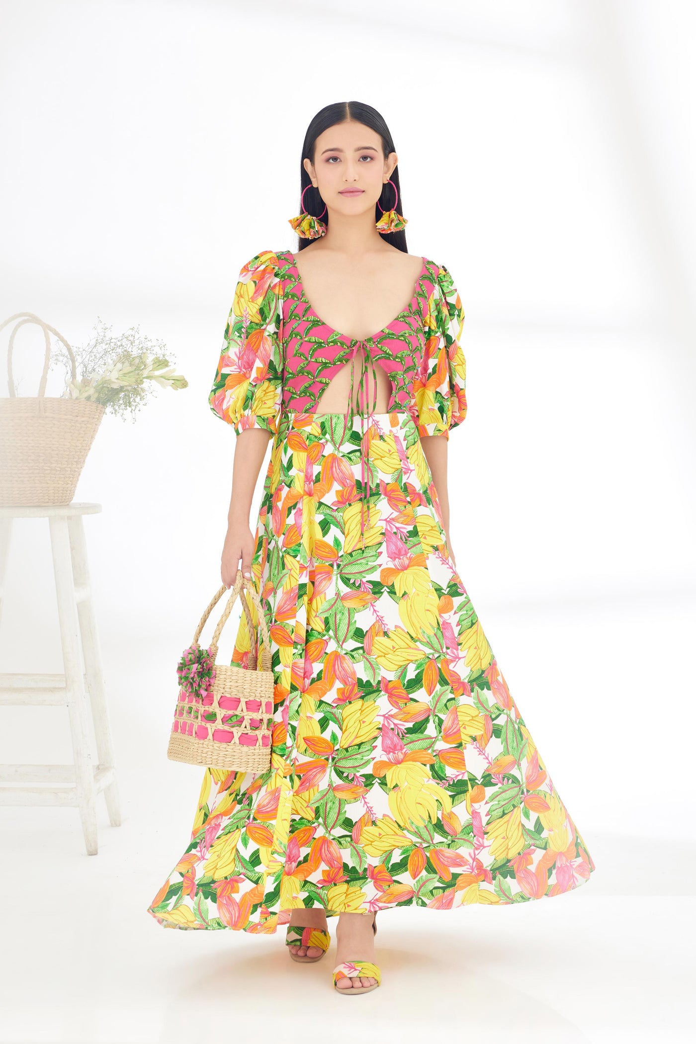 Nikasha Bespoke Hand Painted Banana Fruit Print Cutout Dress Indian designer wear online shopping melange singapore