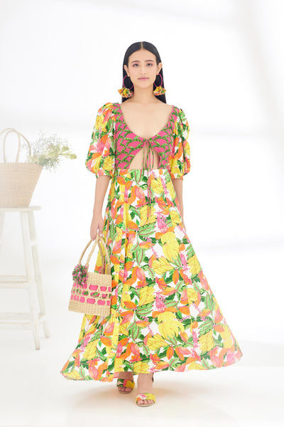 Nikasha Bespoke Hand Painted Banana Fruit Print Cutout Dress Indian designer wear online shopping melange singapore