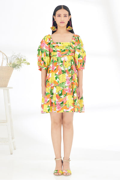 Nikasha Bespoke Hand Painted Banana Fruit Print Short Dress Indian designer wear online shopping melange singapore