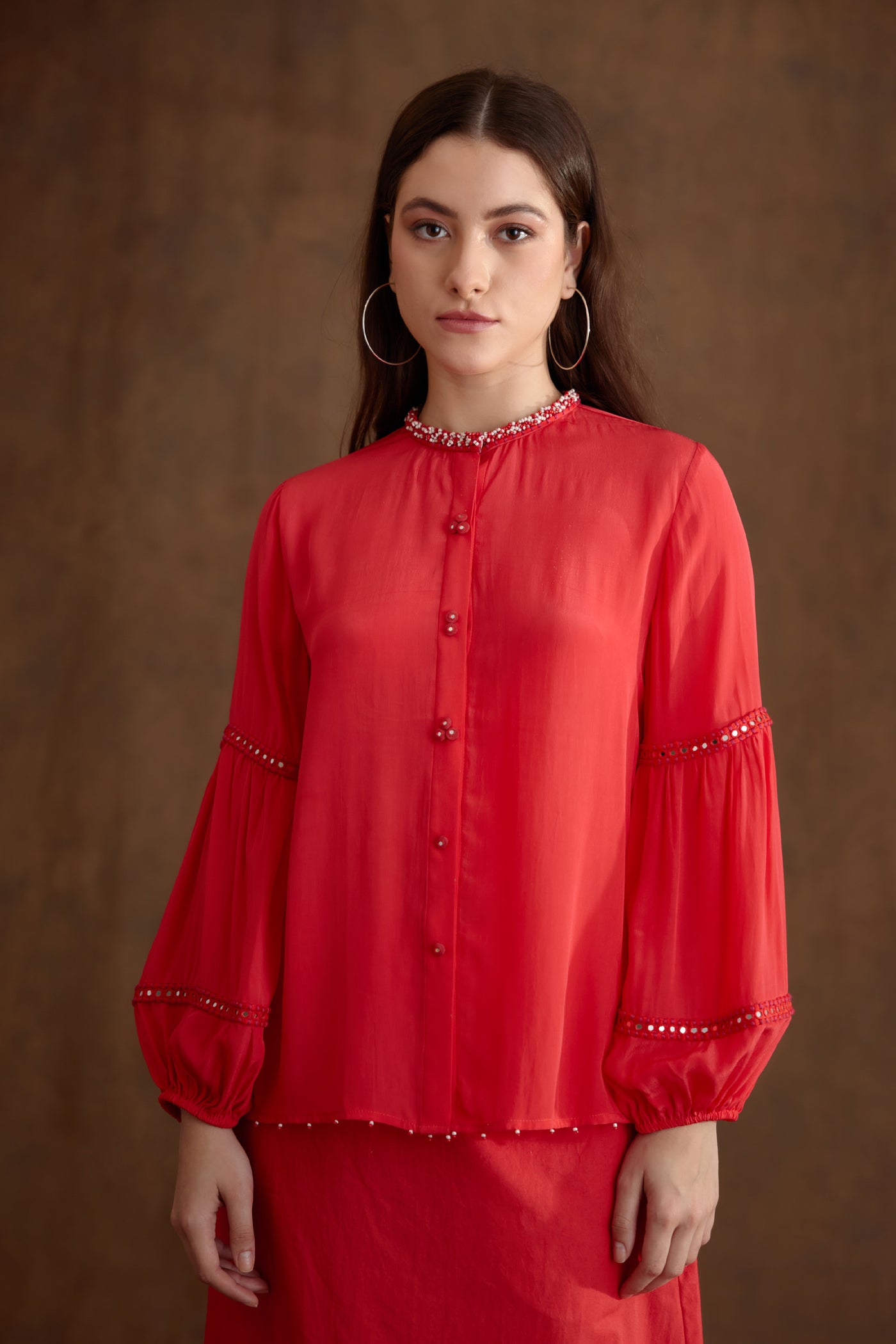 Nikasha Coral Hand Embroidered Shirt Indian designer wear online shopping melange singapore