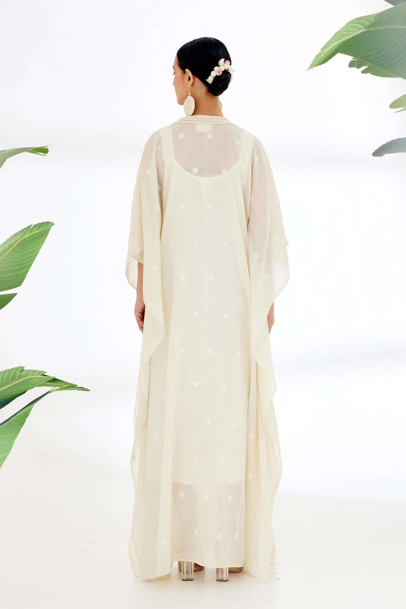 Nikasha Cream Hand Woven Polka Dot Jamdani Kaftan Dress Indian designer wear online shopping melange singapore