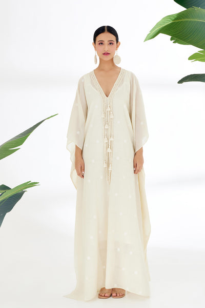 Nikasha Cream Hand Woven Polka Dot Jamdani Kaftan Dress Indian designer wear online shopping melange singapore