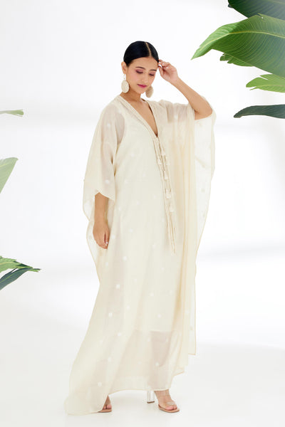 Nikasha Cream Hand Woven Polka Dot Jamdani Kaftan Dress Indian designer wear online shopping melange singapore