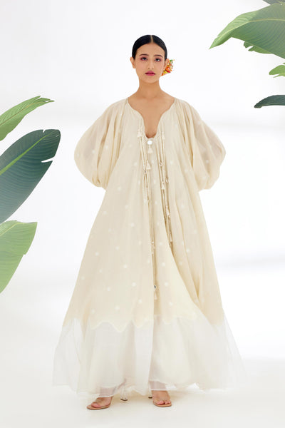 Nikasha Cream Hand Woven Polka Dot Jamdani Maxi Dress Indian designer wear online shopping melange singapore