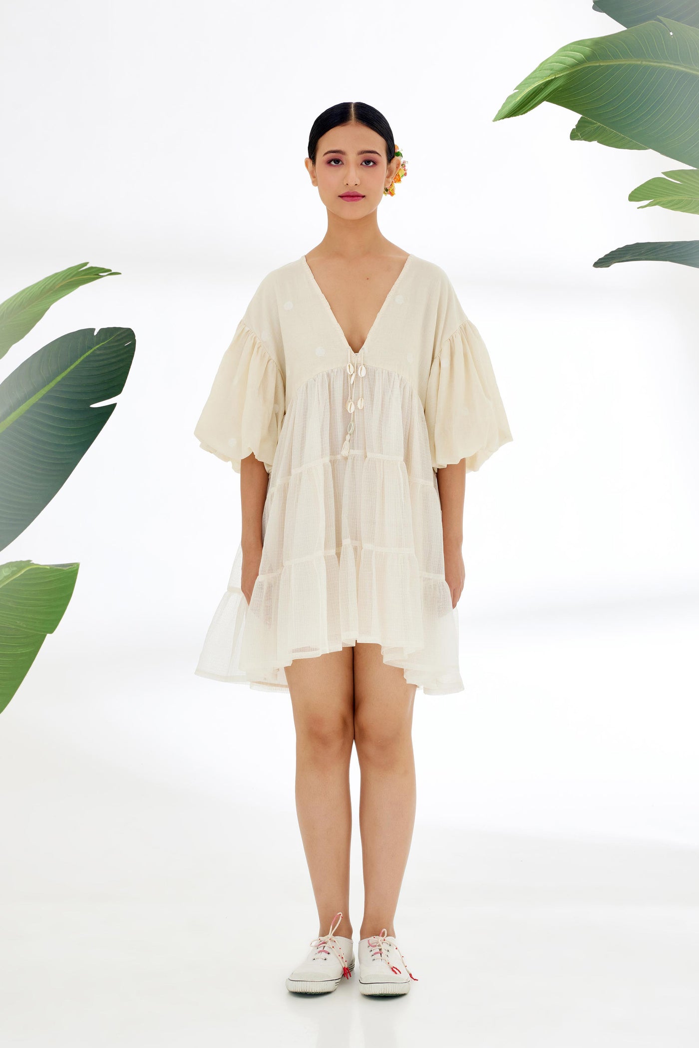 Nikasha Cream Hand Woven Polka Dot Jamdani Tier Dress Indian designer wear online shopping melange singapore