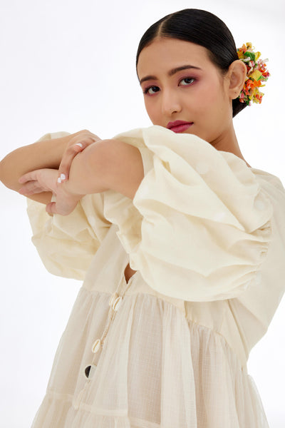 Nikasha Cream Hand Woven Polka Dot Jamdani Tier Dress Indian designer wear online shopping melange singapore
