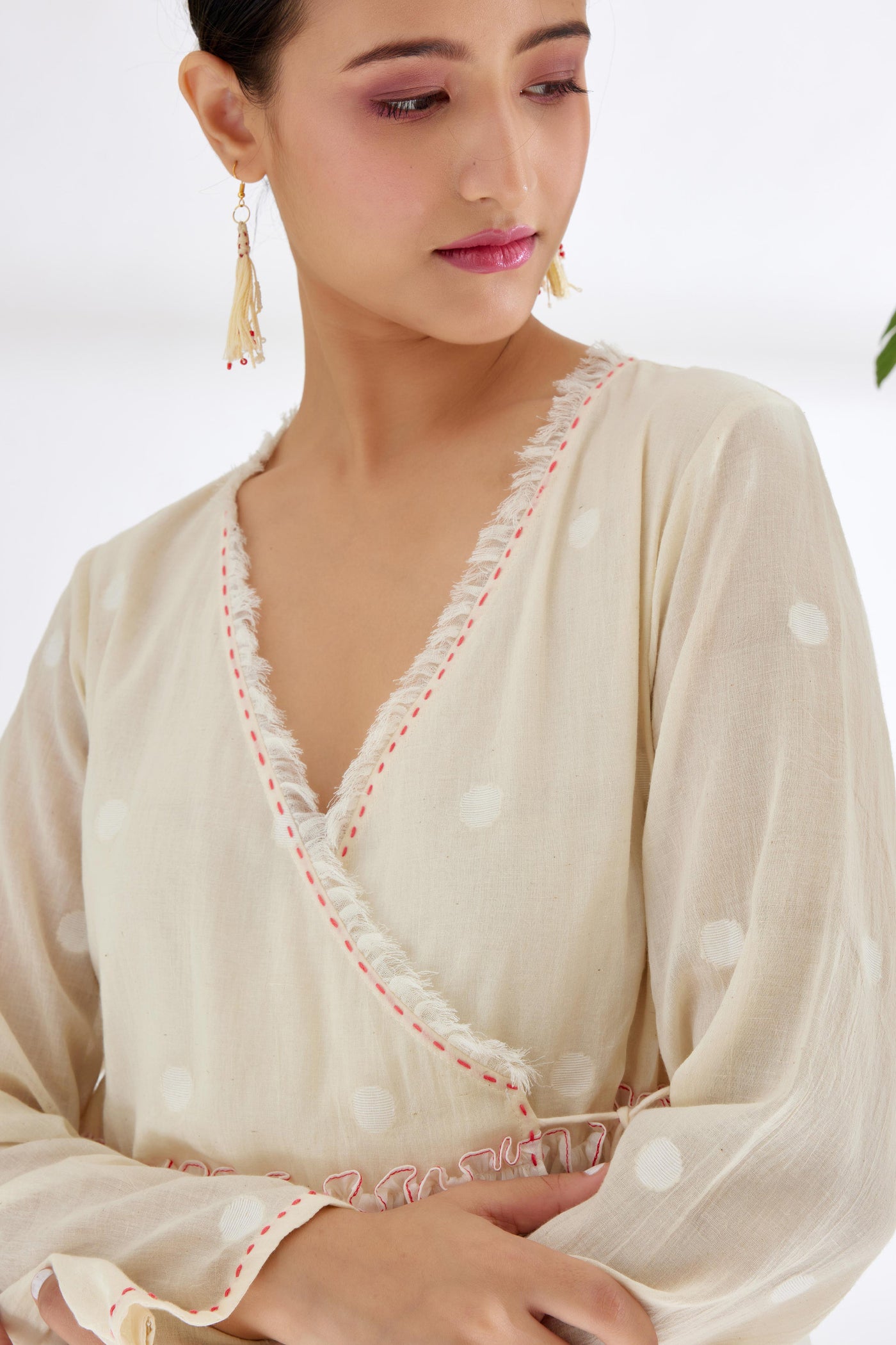 Nikasha Cream Hand Woven Polka Dot Jamdani Wrap Top Indian designer wear online shopping melange singapore