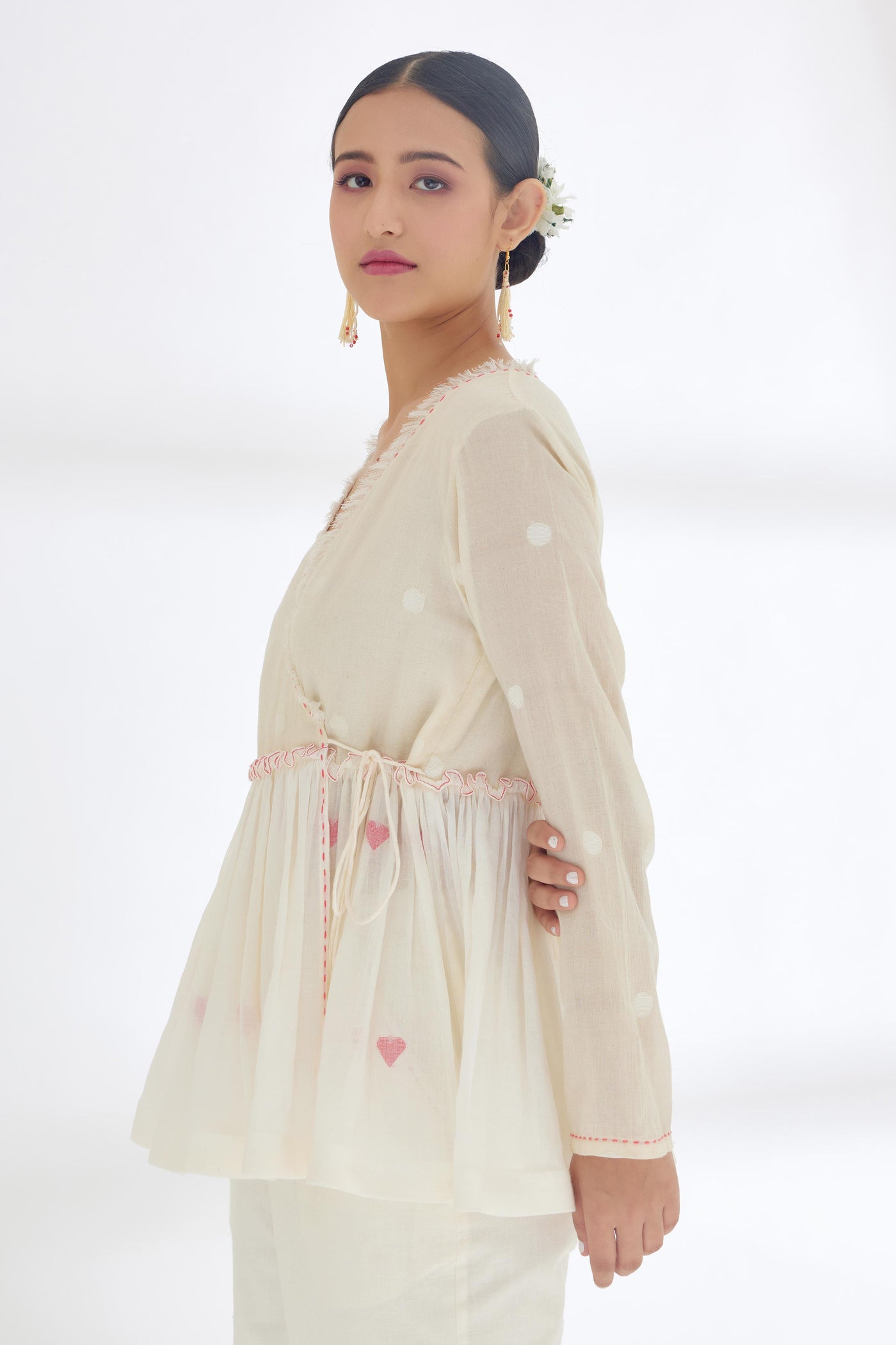 Nikasha Cream Hand Woven Polka Dot Jamdani Wrap Top Indian designer wear online shopping melange singapore