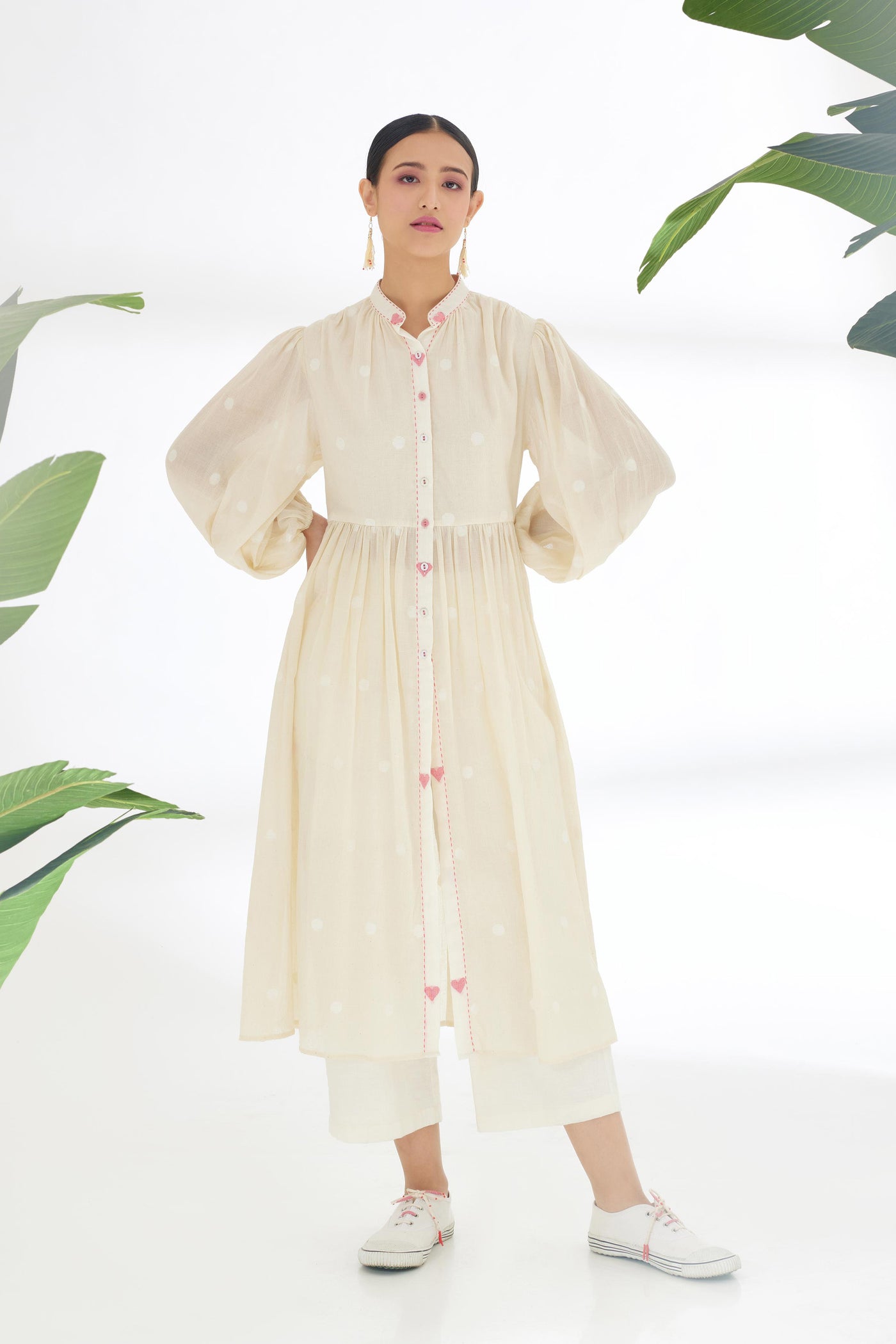 Nikasha Cream Hand Woven Polka Jamdani Overgarment Indian designer wear online shopping melange singapore