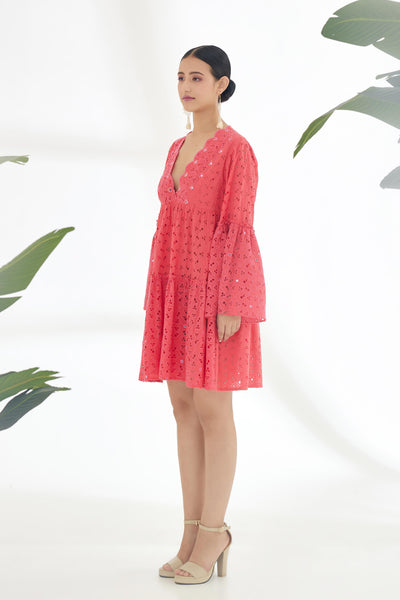 Nikasha Fuchsia Pink Hand Embroidered Mirror Work Short Dress Indian designer wear online shopping melange singapore