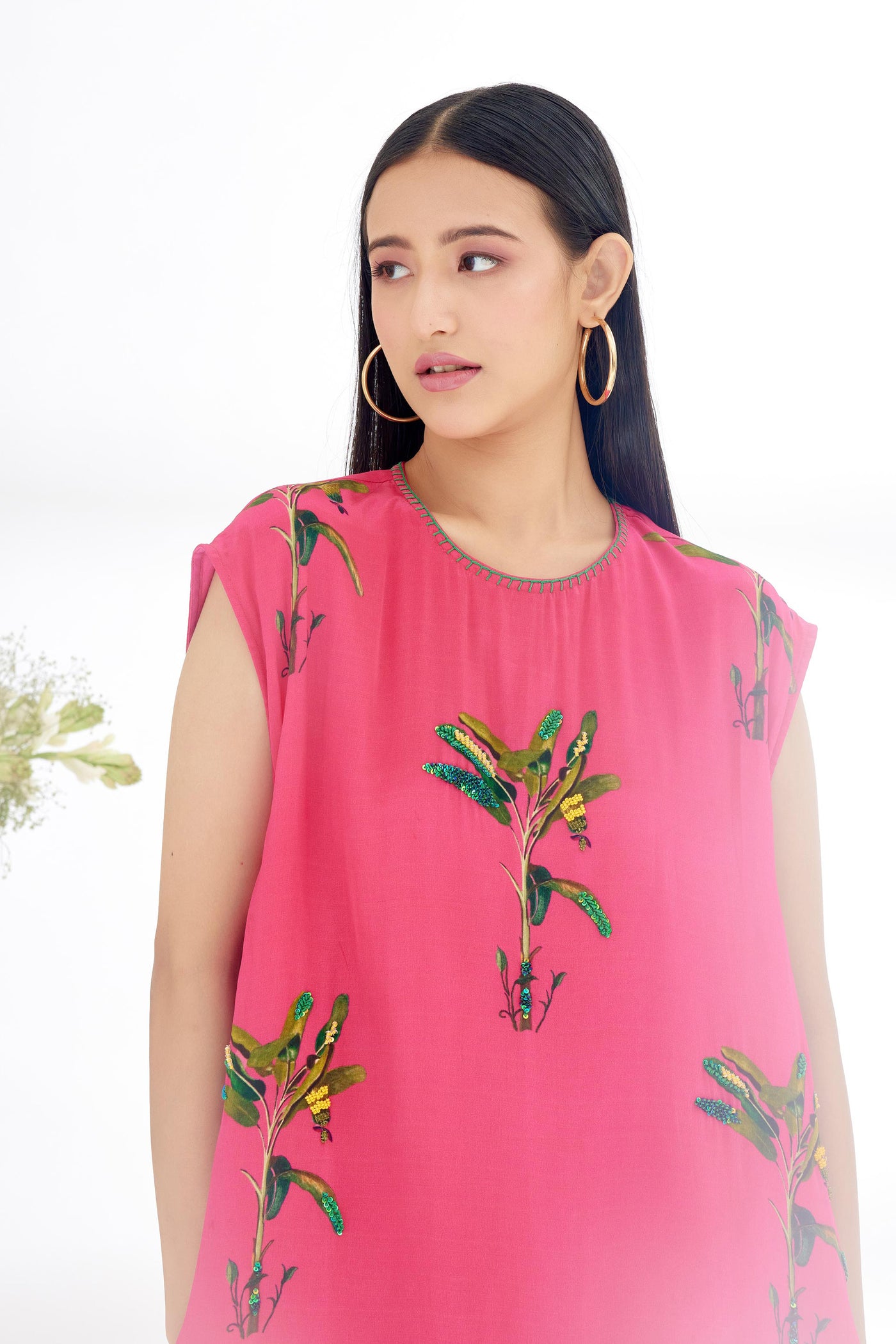 Nikasha Fuchsia Pink Hand Painted Banana Tree Print Shift Dress Indian designer wear online shopping melange singapore