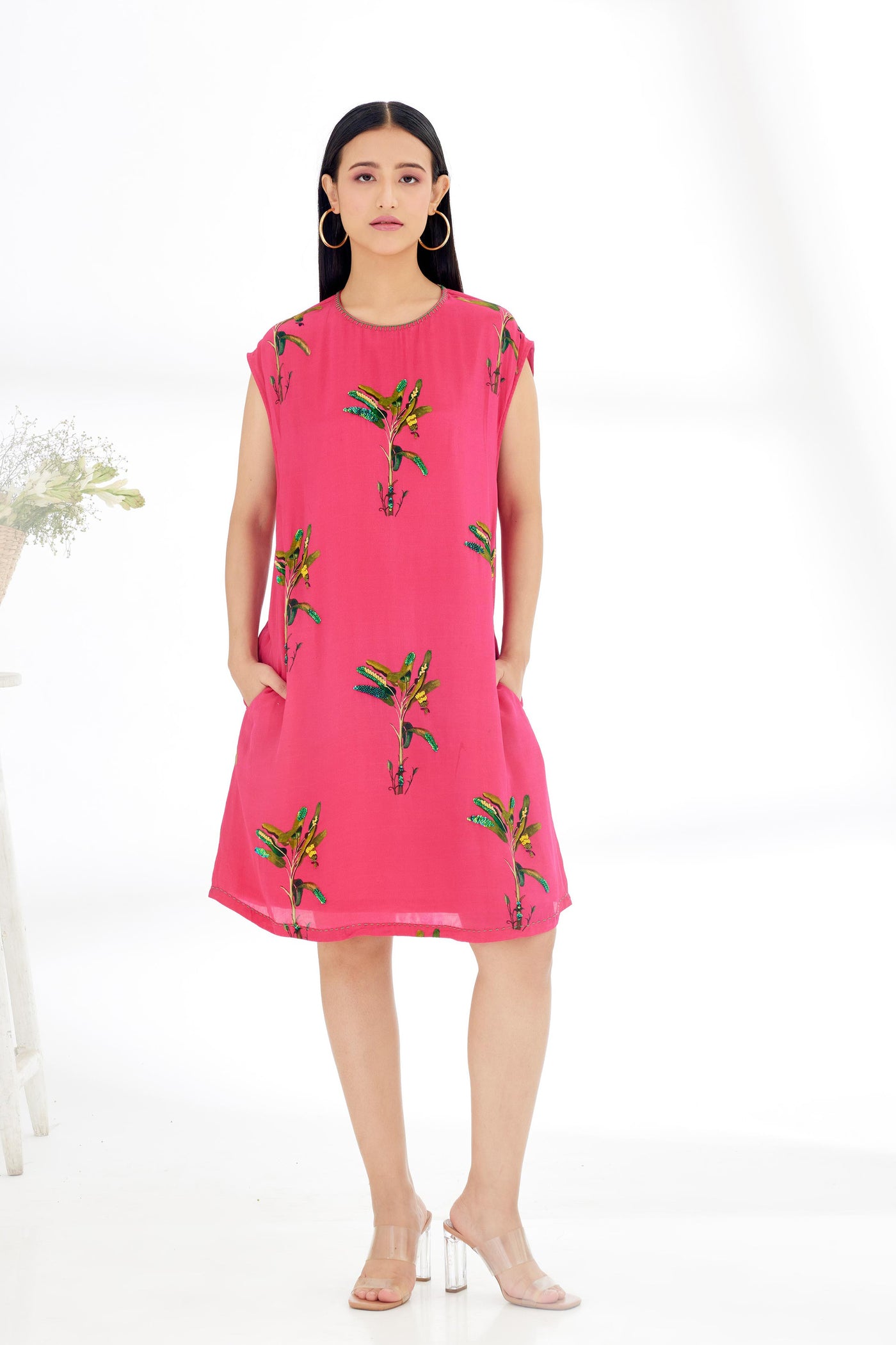 Nikasha Fuchsia Pink Hand Painted Banana Tree Print Shift Dress Indian designer wear online shopping melange singapore