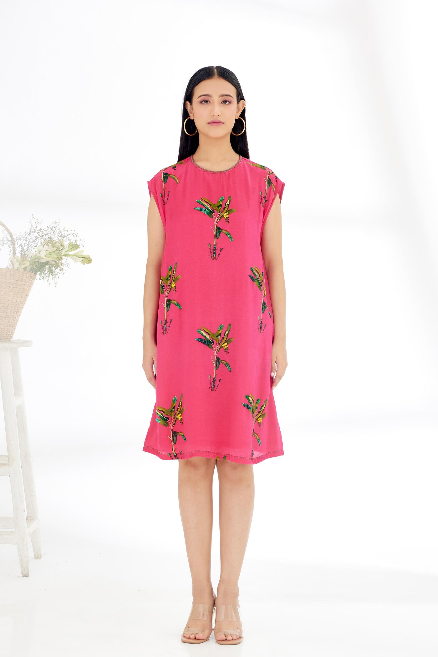 Nikasha Fuchsia Pink Hand Painted Banana Tree Print Shift Dress Indian designer wear online shopping melange singapore