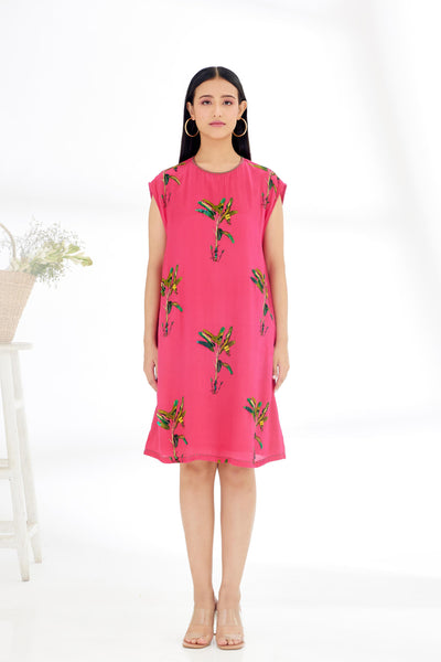 Nikasha Fuchsia Pink Hand Painted Banana Tree Print Shift Dress Indian designer wear online shopping melange singapore