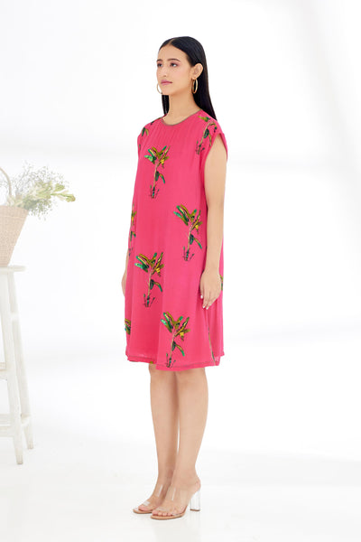 Nikasha Fuchsia Pink Hand Painted Banana Tree Print Shift Dress Indian designer wear online shopping melange singapore