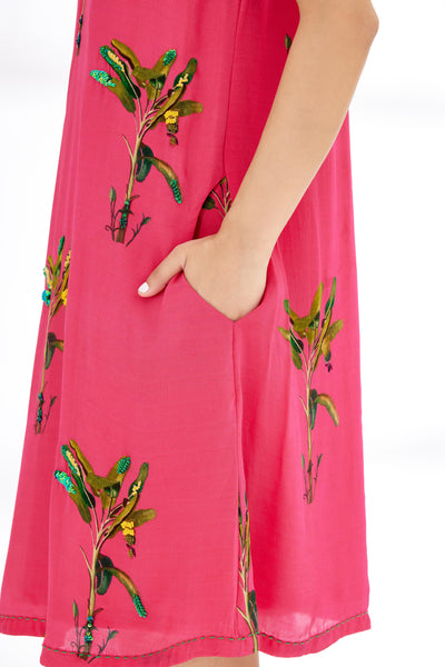 Nikasha Fuchsia Pink Hand Painted Banana Tree Print Shift Dress Indian designer wear online shopping melange singapore