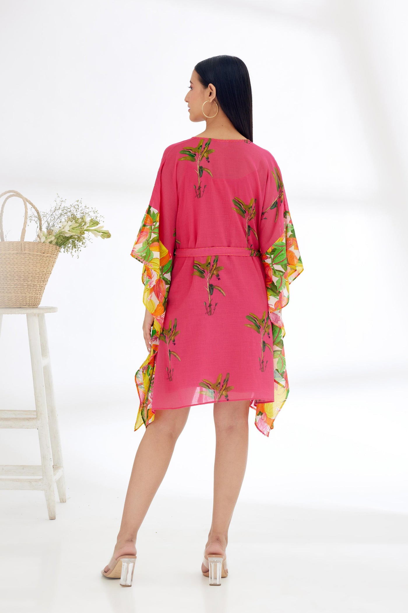 Nikasha Fuchsia Pink Hand Painted Tree Banana Fruit Print Border Kaftan Dress Indian designer wear online shopping melange singapore