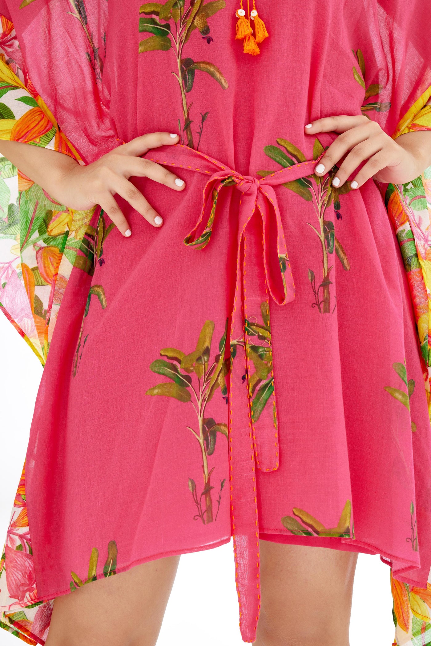 Nikasha Fuchsia Pink Hand Painted Tree Banana Fruit Print Border Kaftan Dress Indian designer wear online shopping melange singapore