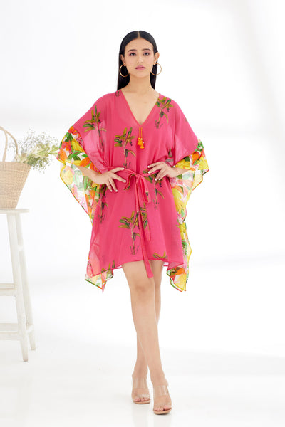 Nikasha Fuchsia Pink Hand Painted Tree Banana Fruit Print Border Kaftan Dress Indian designer wear online shopping melange singapore