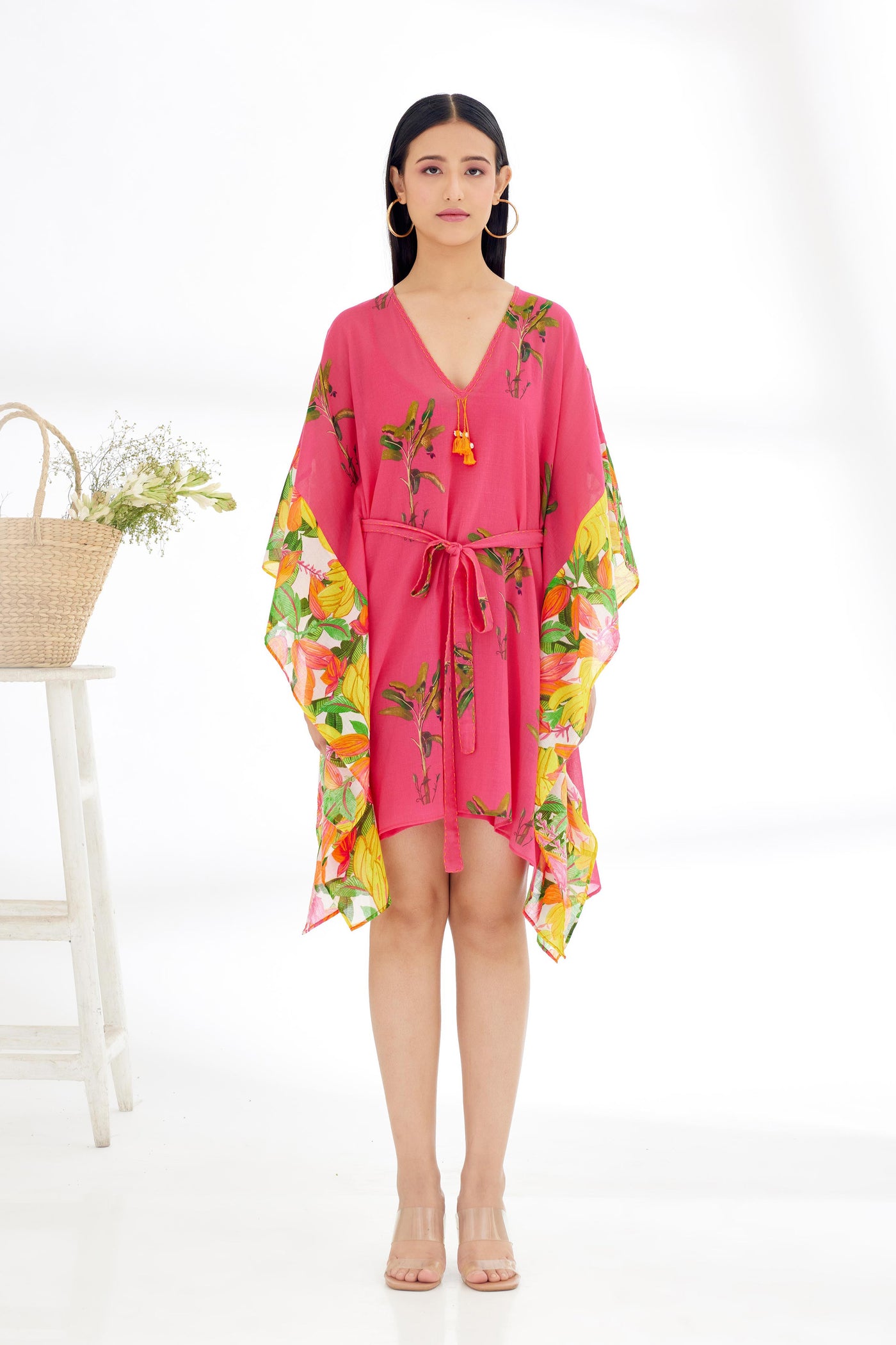 Nikasha Fuchsia Pink Hand Painted Tree Banana Fruit Print Border Kaftan Dress Indian designer wear online shopping melange singapore