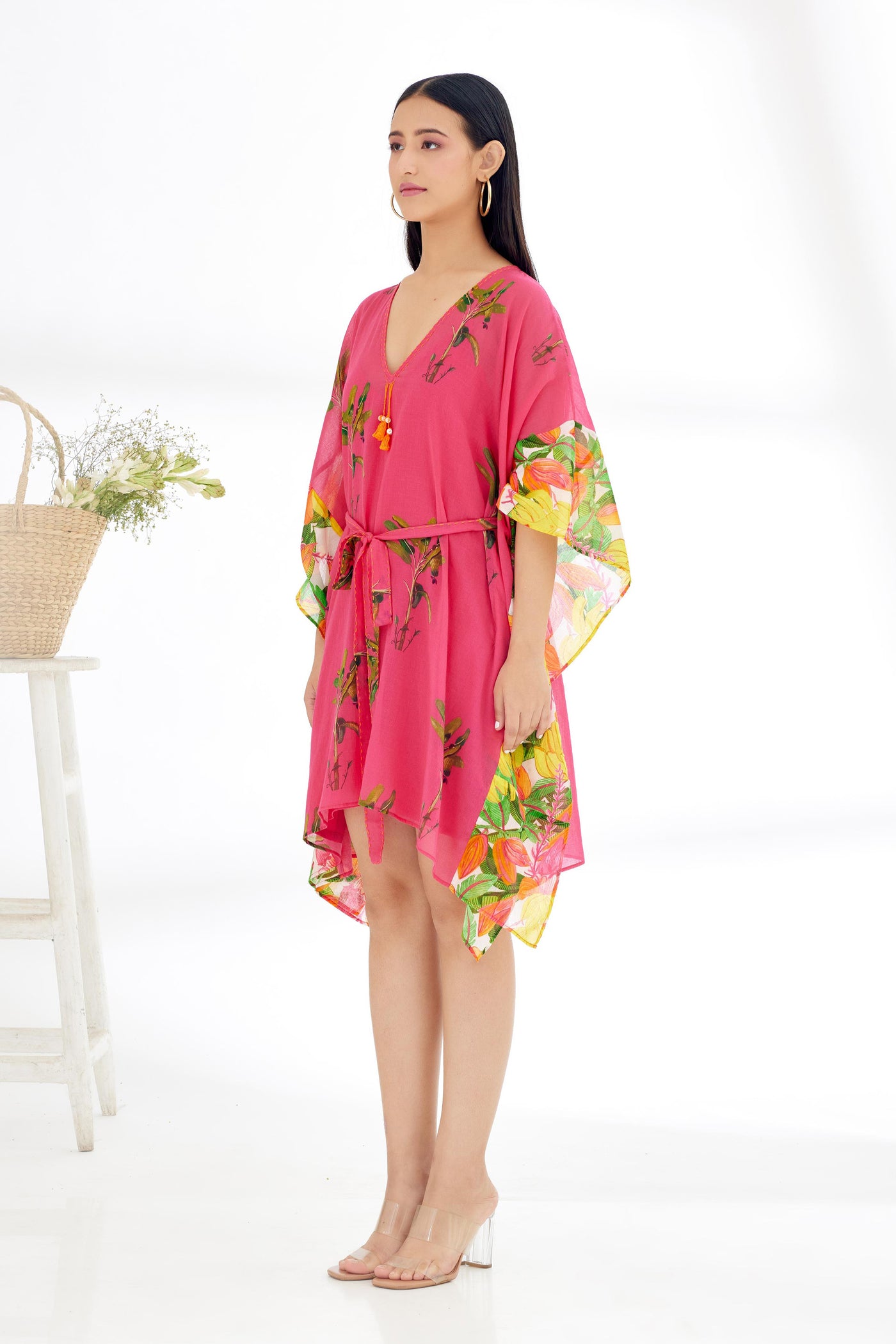 Nikasha Fuchsia Pink Hand Painted Tree Banana Fruit Print Border Kaftan Dress Indian designer wear online shopping melange singapore