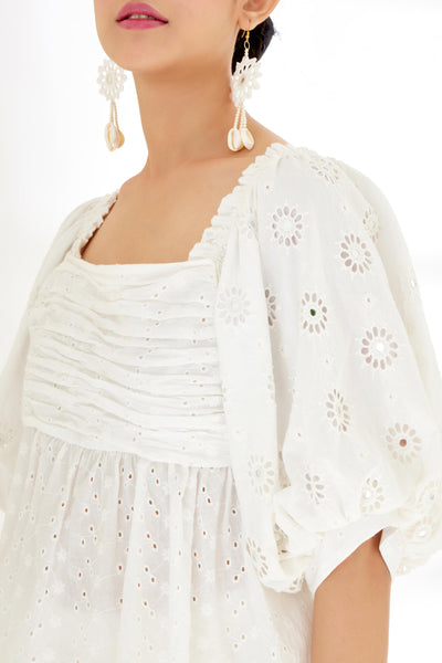 Nikasha Ivory Hand Embroidered Mirror Work Bubble Sleeve Top Indian designer wear online shopping melange singapore