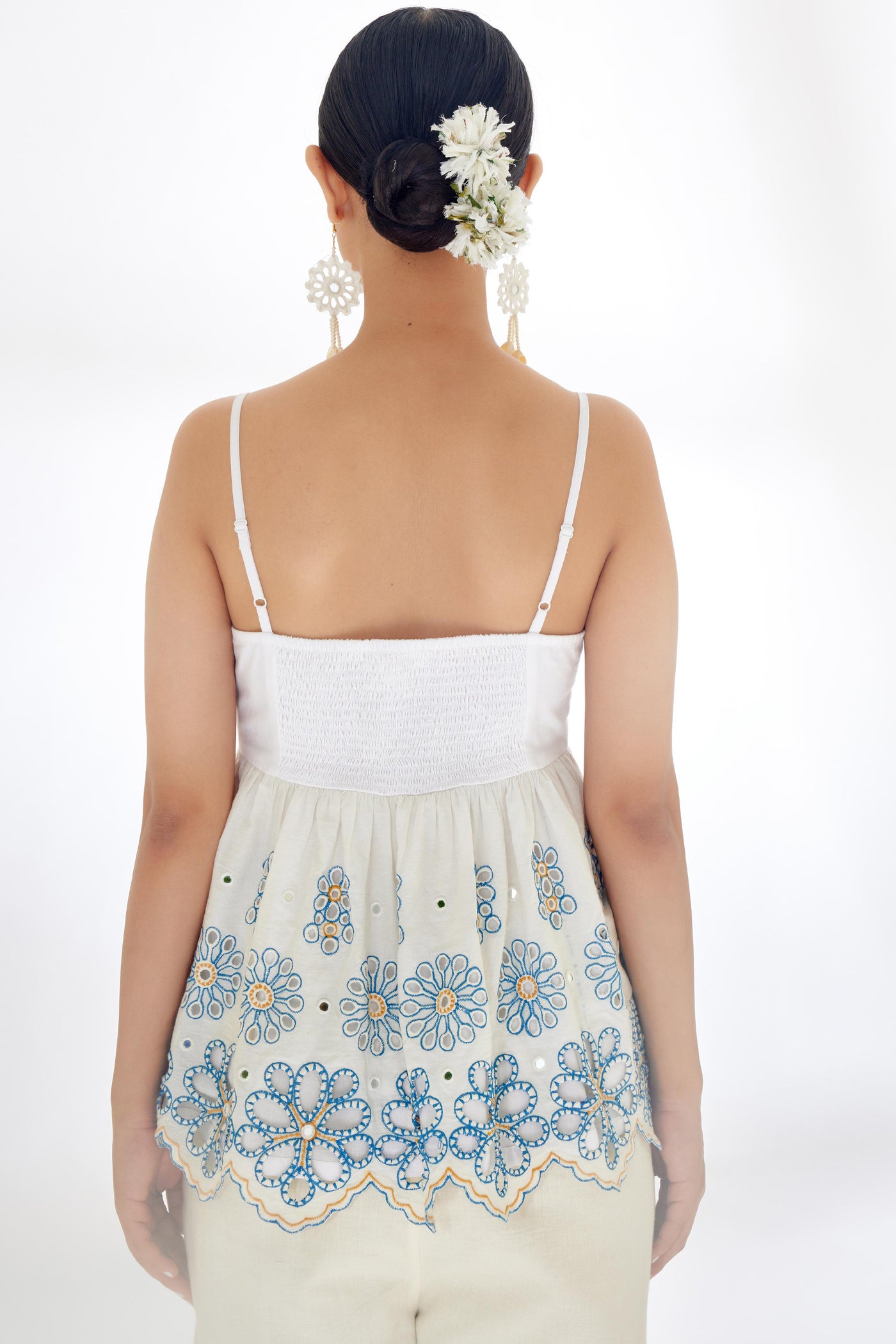 Nikasha Ivory Hand Embroidered Mirror Work Schiffli Peplum Top Indian designer wear online shopping melange singapore