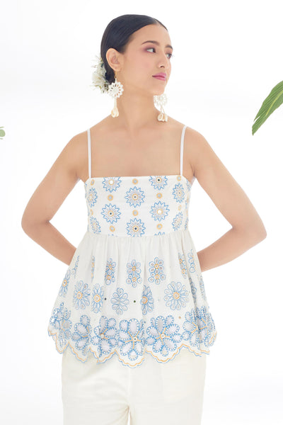 Nikasha Ivory Hand Embroidered Mirror Work Schiffli Peplum Top Indian designer wear online shopping melange singapore