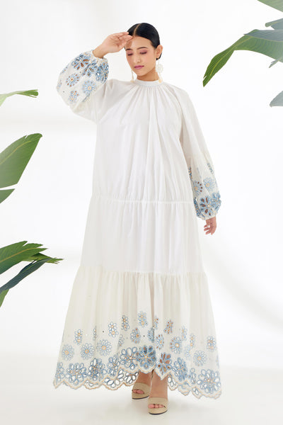 Nikasha Ivory Hand Embroidered Mirror Work Schiffli Tier Dress Top Indian designer wear online shopping melange singapore