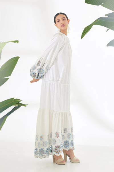 Nikasha Ivory Hand Embroidered Mirror Work Schiffli Tier Dress Top Indian designer wear online shopping melange singapore