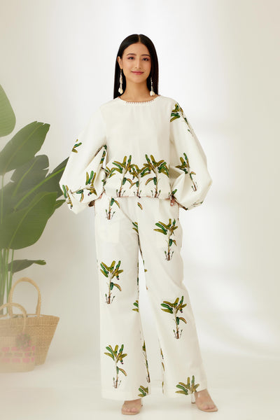 Nikasha Off White Hand Painted Banana Tree Print Bubble Sleeve Top Indian designer wear online shopping melange singapore