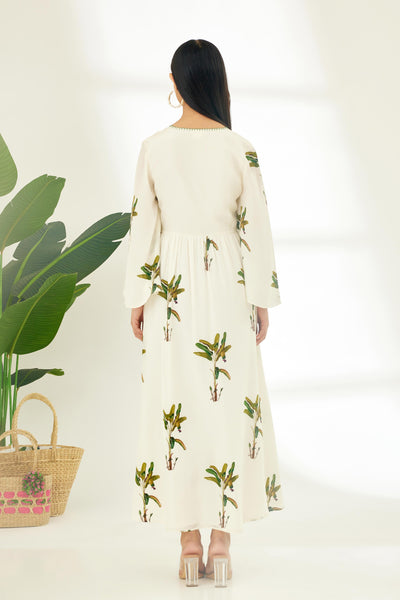 Nikasha Off White Hand Painted Banana Tree Print Dress Indian designer wear online shopping melange singapore