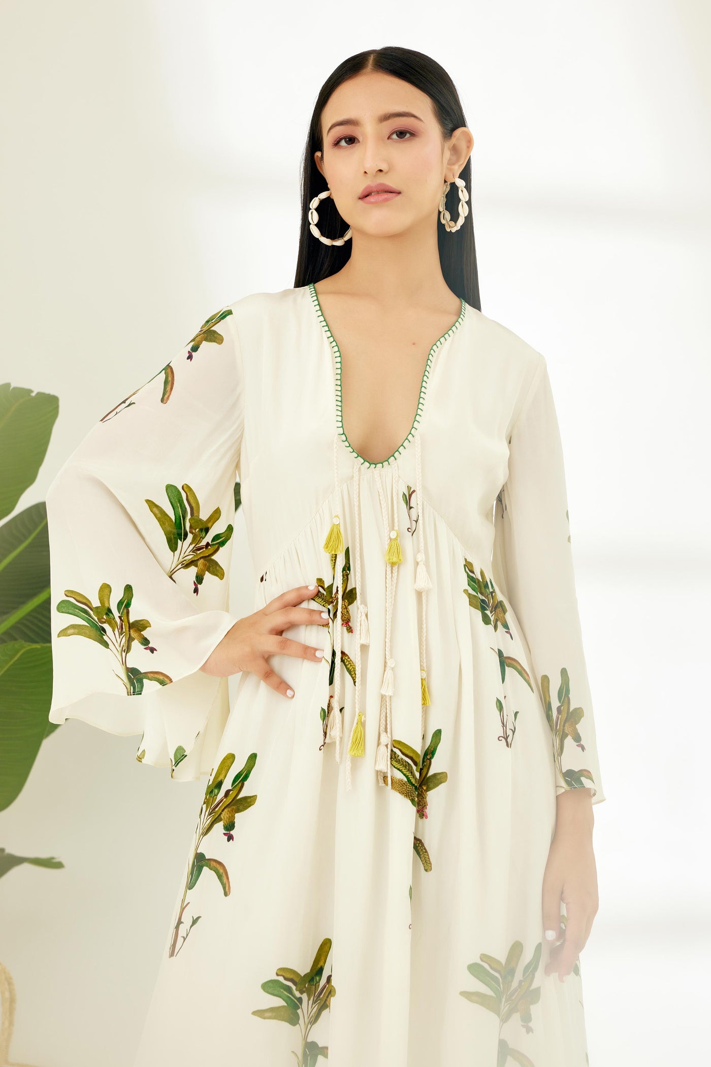 Nikasha Off White Hand Painted Banana Tree Print Dress Indian designer wear online shopping melange singapore