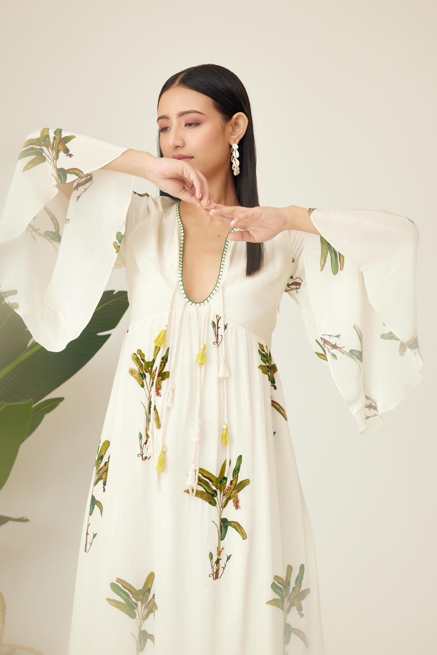 Nikasha Off White Hand Painted Banana Tree Print Dress Indian designer wear online shopping melange singapore