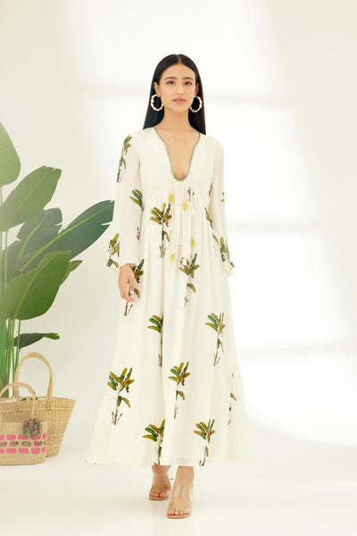 Nikasha Off White Hand Painted Banana Tree Print Dress Indian designer wear online shopping melange singapore