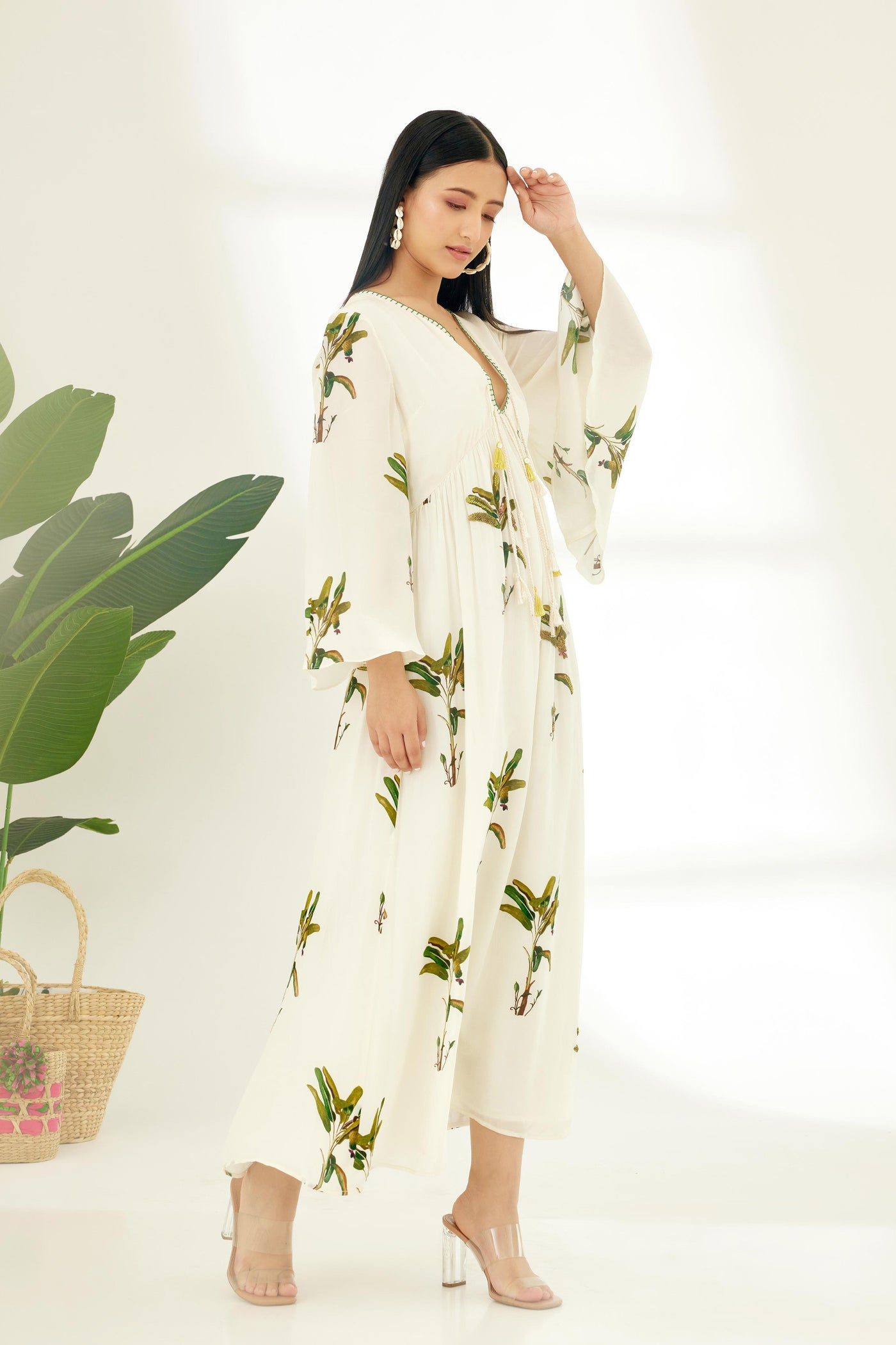 Nikasha Off White Hand Painted Banana Tree Print Dress Indian designer wear online shopping melange singapore