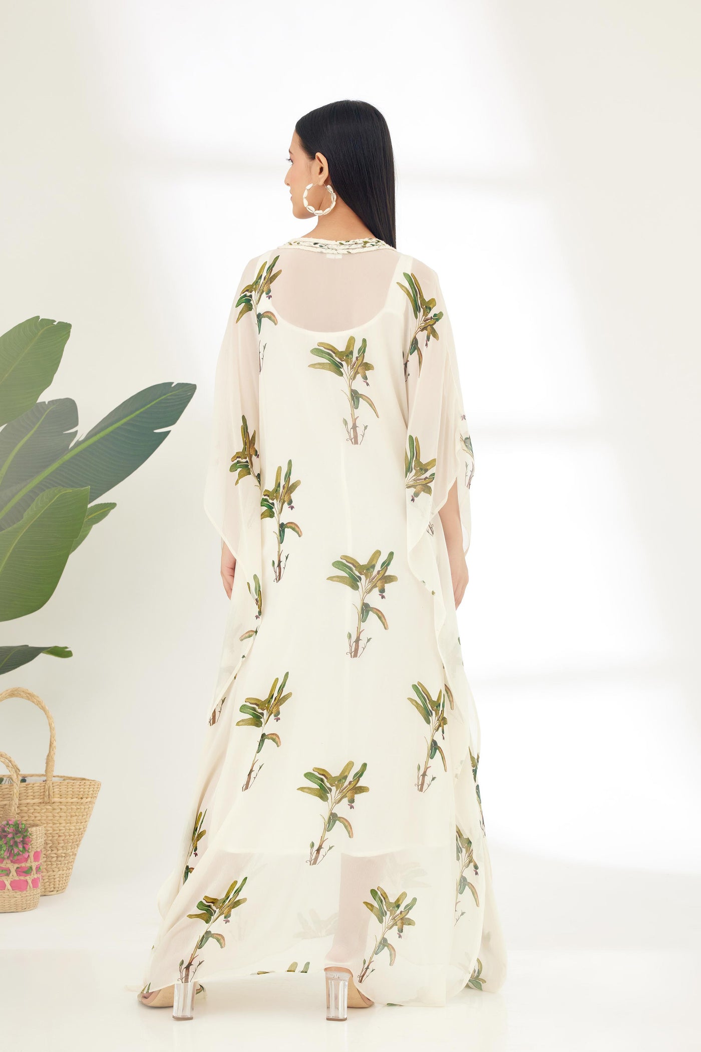 Nikasha Off White Hand Painted Banana Tree Print Kaftan Dress Indian designer wear online shopping melange singapore