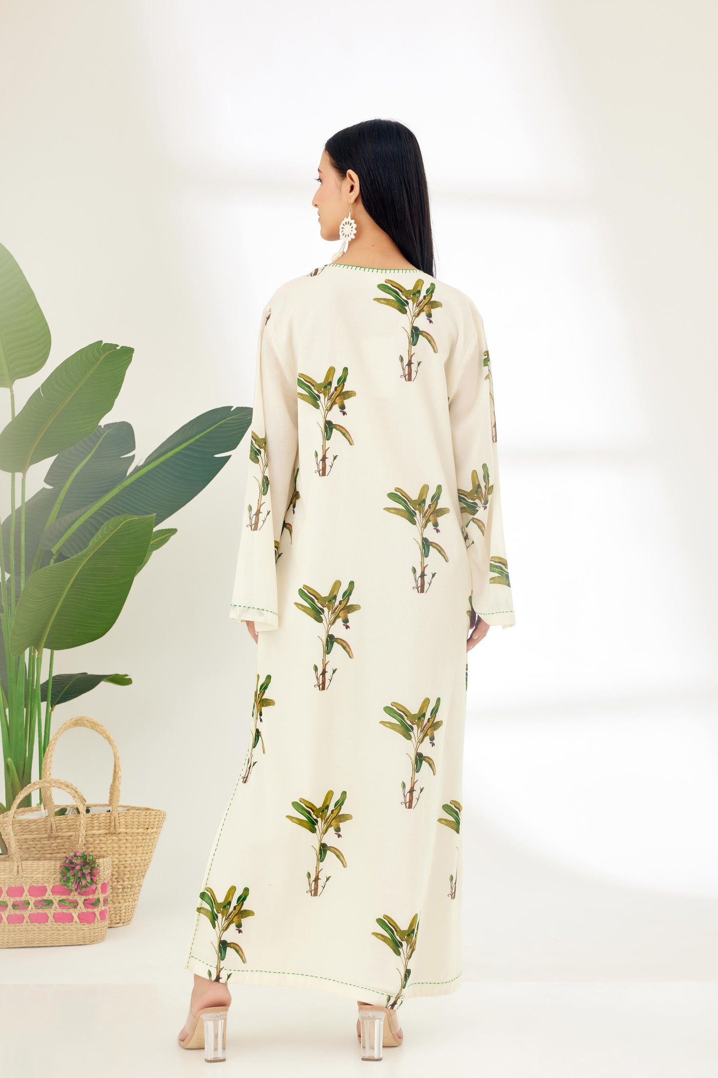 Nikasha Off White Hand Painted Banana Tree Print Kaftan Dress Indian designer wear online shopping melange singapore