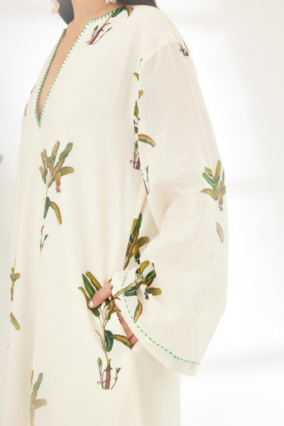 Nikasha Off White Hand Painted Banana Tree Print Kaftan Dress Indian designer wear online shopping melange singapore