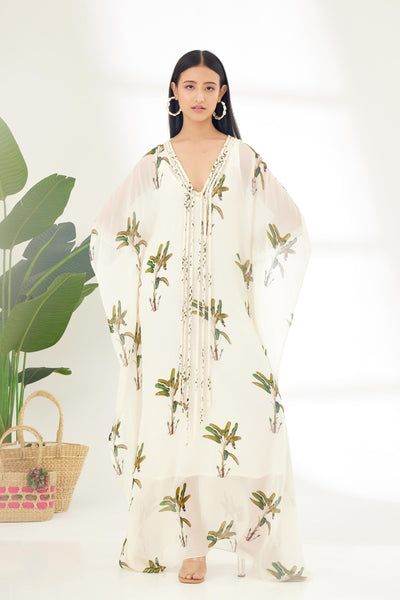 Nikasha Off White Hand Painted Banana Tree Print Kaftan Dress Indian designer wear online shopping melange singapore