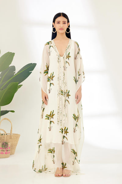 Nikasha Off White Hand Painted Banana Tree Print Kaftan Dress Indian designer wear online shopping melange singapore