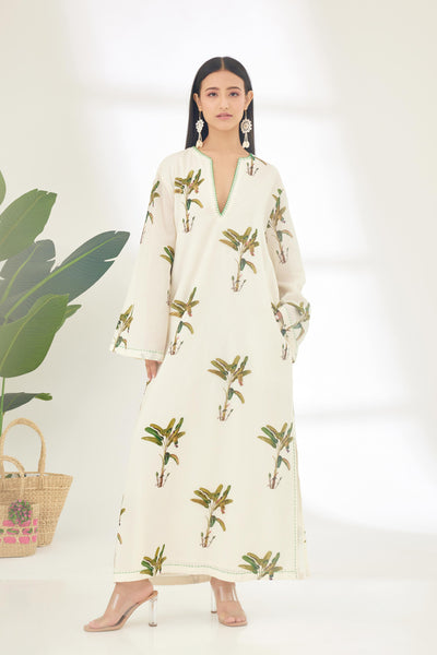 Nikasha Off White Hand Painted Banana Tree Print Kaftan Dress Indian designer wear online shopping melange singapore