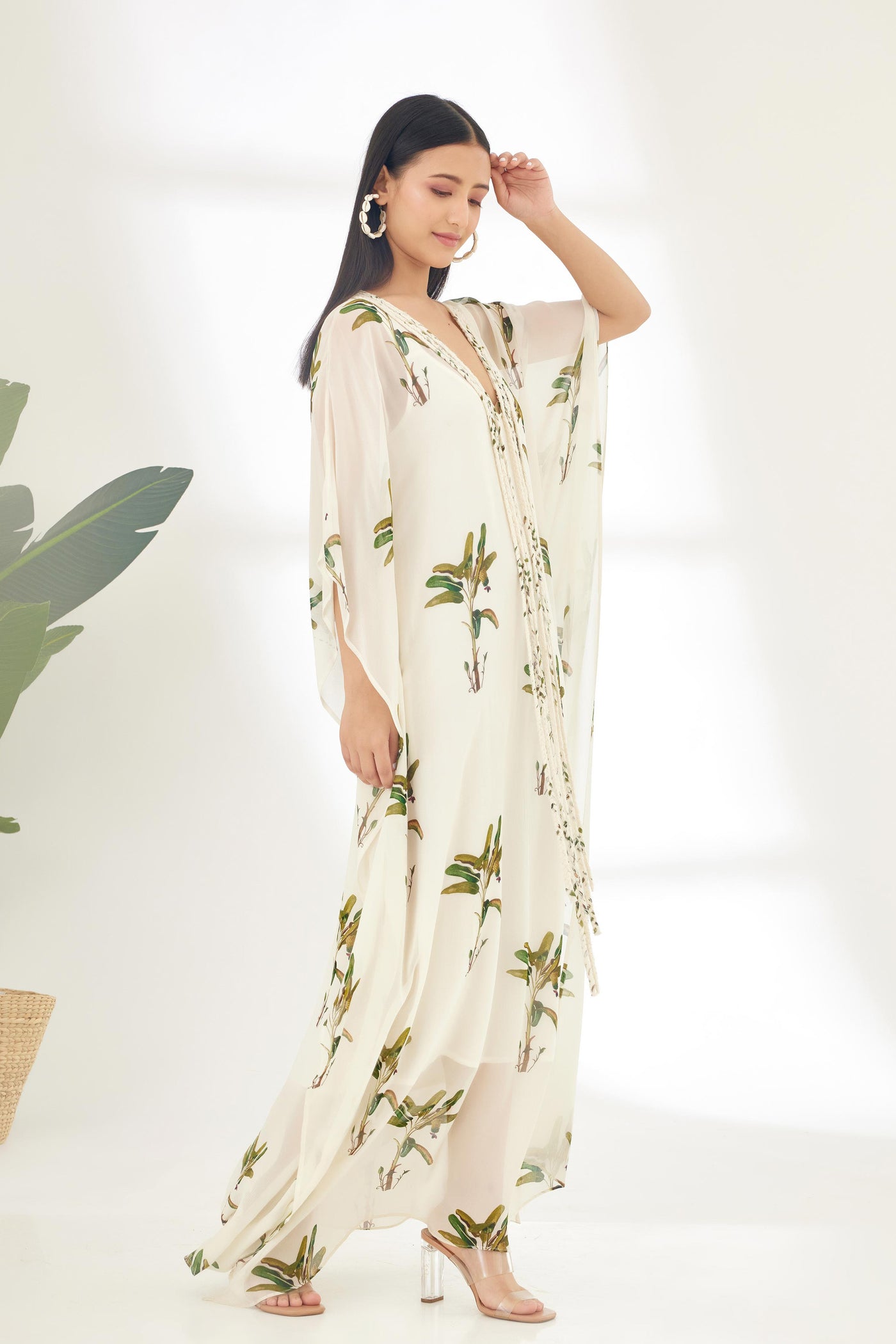 Nikasha Off White Hand Painted Banana Tree Print Kaftan Dress Indian designer wear online shopping melange singapore