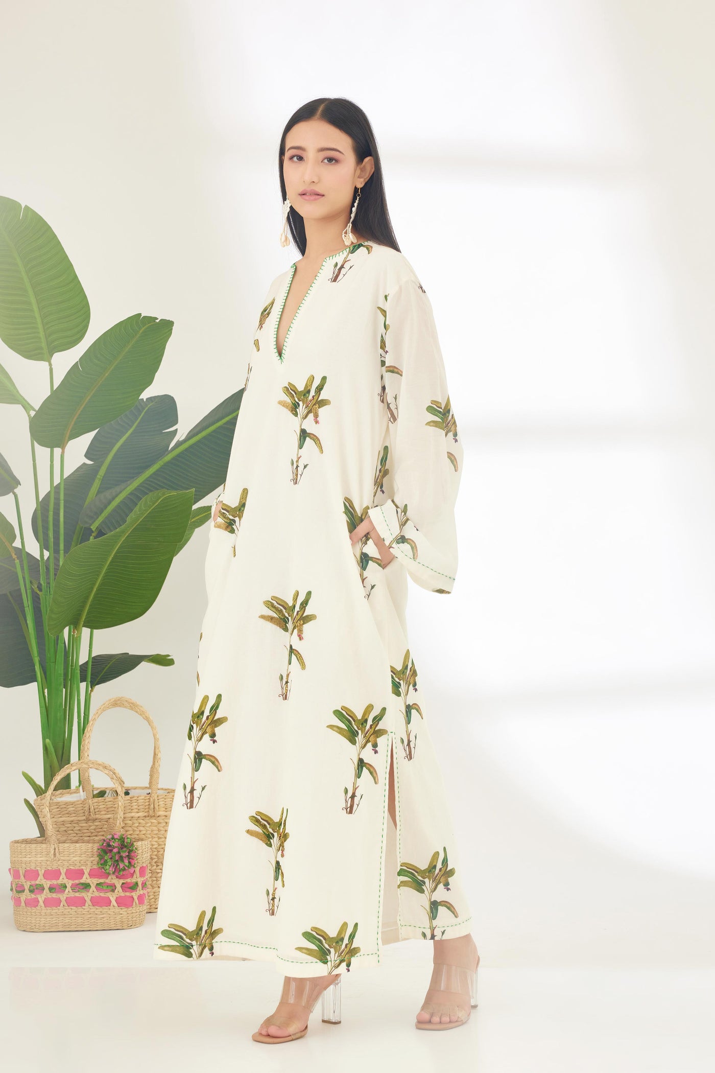 Nikasha Off White Hand Painted Banana Tree Print Kaftan Dress Indian designer wear online shopping melange singapore
