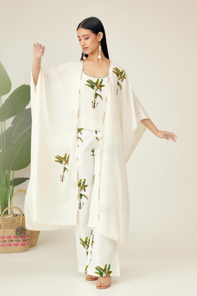 Nikasha Off White Hand Painted Banana Tree Print Overgarment Indian designer wear online shopping melange singapore