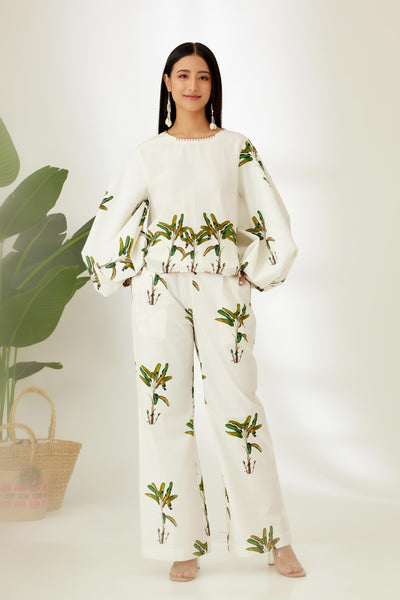 Nikasha Off White Hand Painted Banana Tree Print Pant Indian designer wear online shopping melange singapore