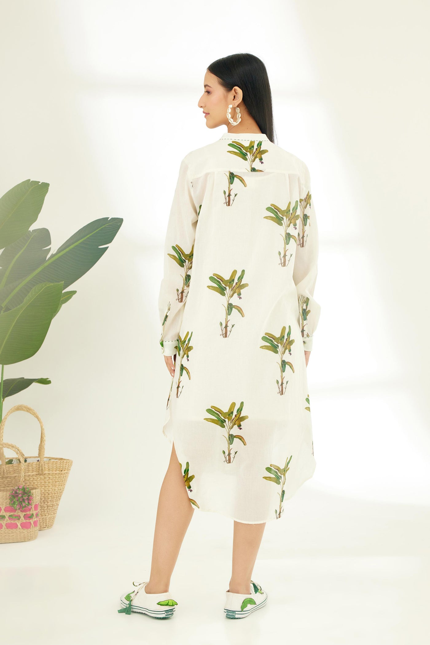 Nikasha Off White Hand Painted Banana Tree Print Shirt Dress Indian designer wear online shopping melange singapore