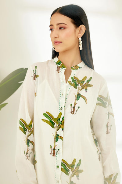 Nikasha Off White Hand Painted Banana Tree Print Shirt Dress Indian designer wear online shopping melange singapore